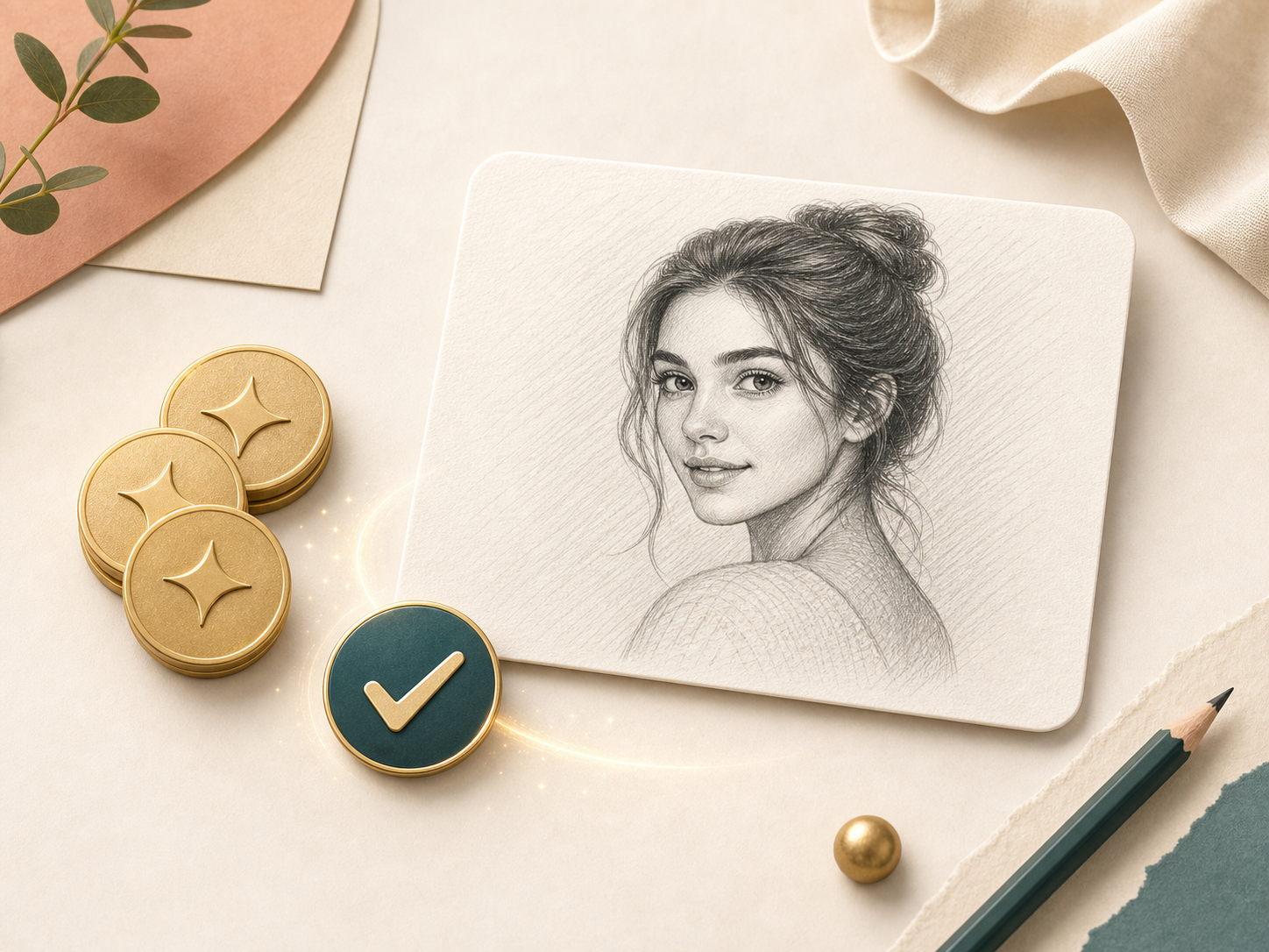 Credit tokens beside a generated pencil sketch portrait