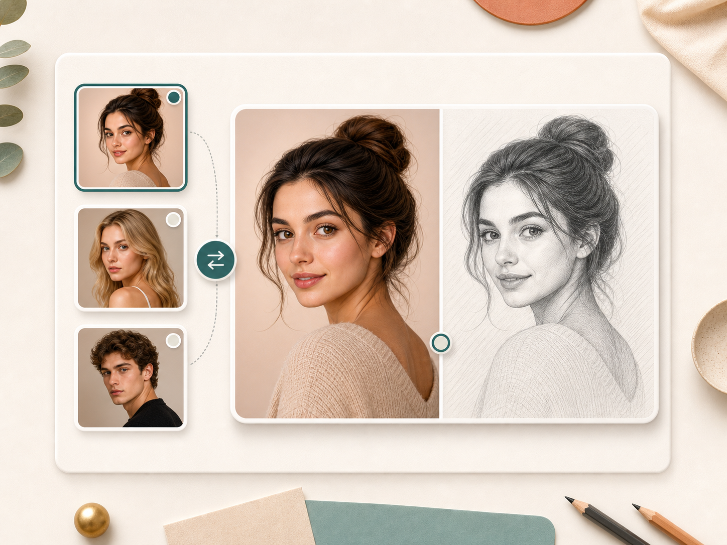 Example thumbnails switching a photo to sketch preview