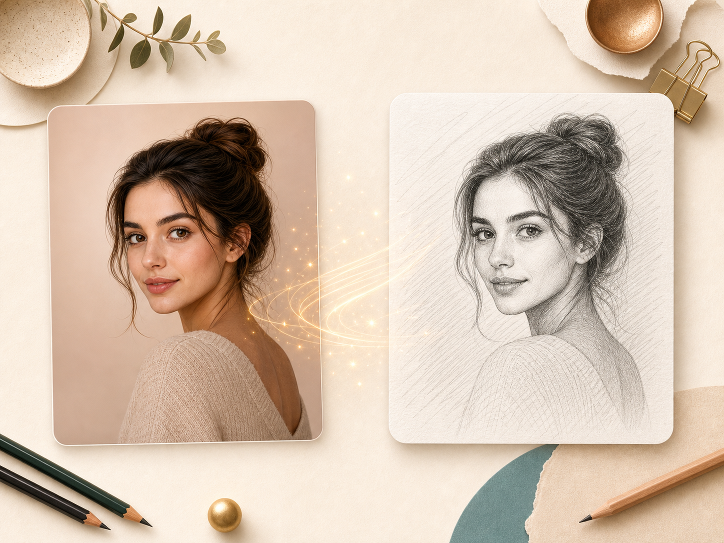 Portrait photo changing into a pencil sketch result