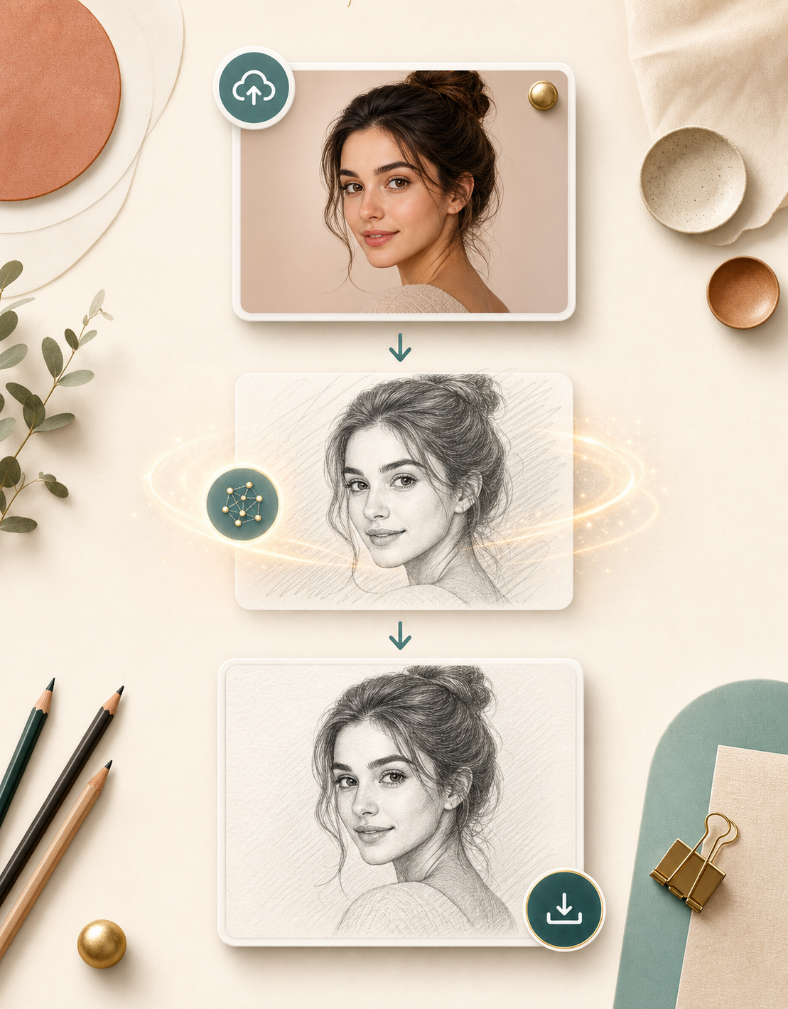 Workflow showing a portrait photo becoming a pencil sketch result