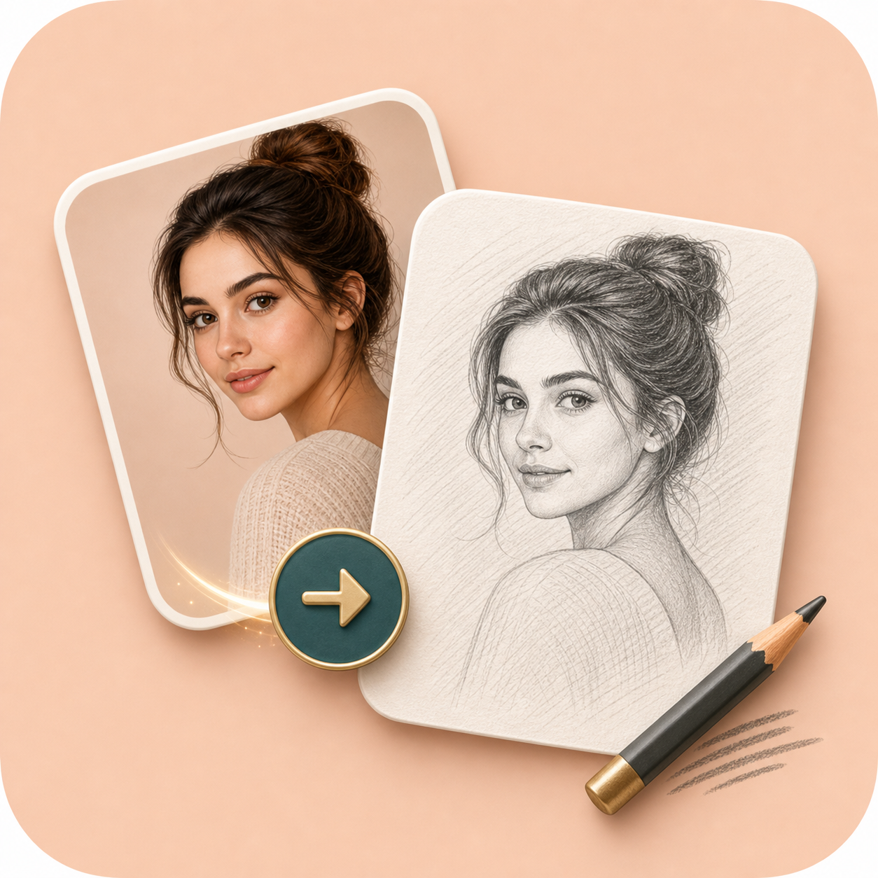 Icon showing a portrait photo changing into a pencil sketch