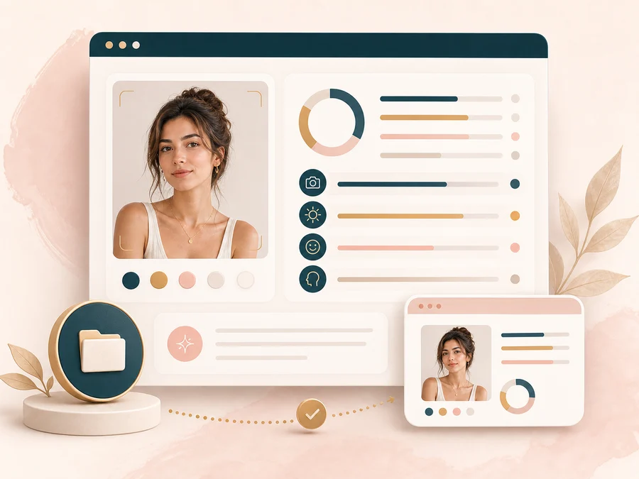 Camera presence report for a photogenic score test with portrait and score gauge