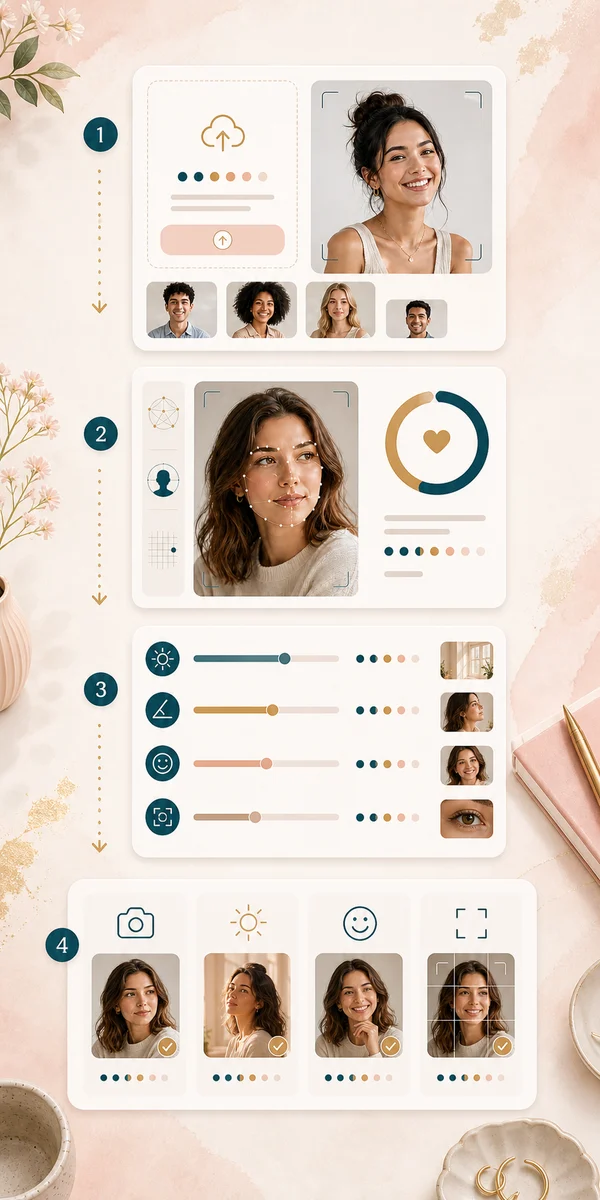 Three step photogenic score test workflow from upload to AI photo report