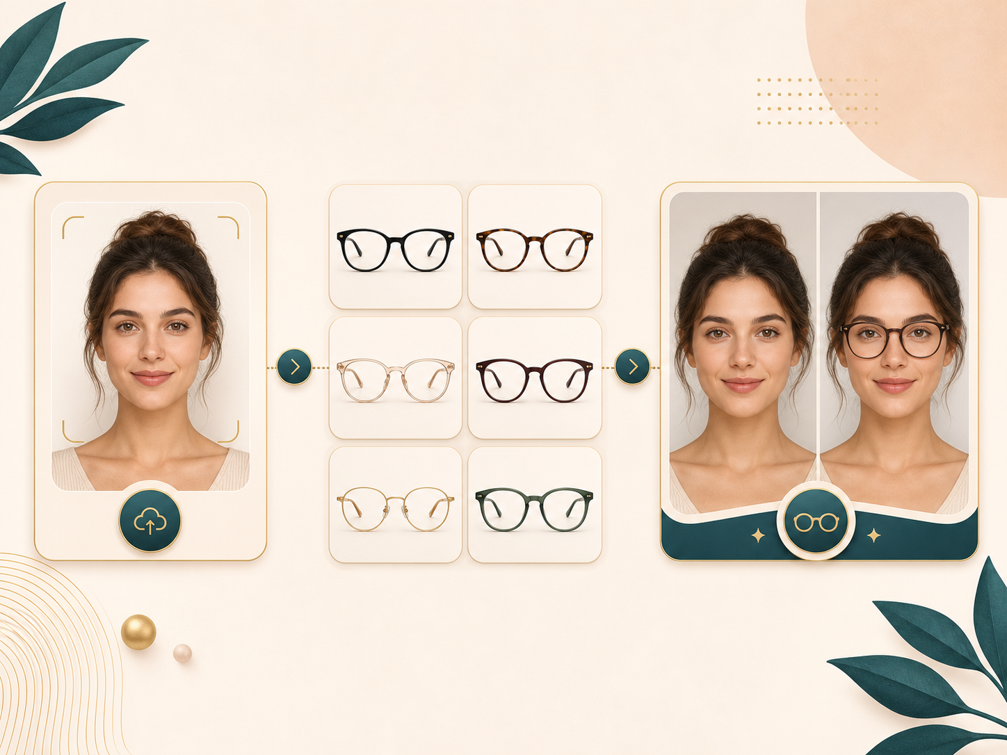 Four step virtual glasses try-on workflow from frame choice to before and after review