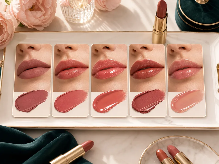Cosmetic swatches showing different lipstick finishes for online try on