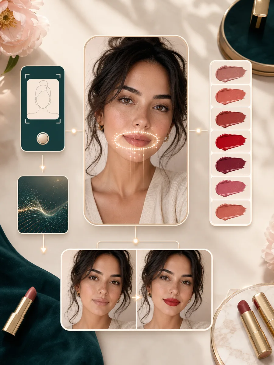 Virtual lipstick try on workflow with shade swatches, upload, AI lip edit, and result comparison