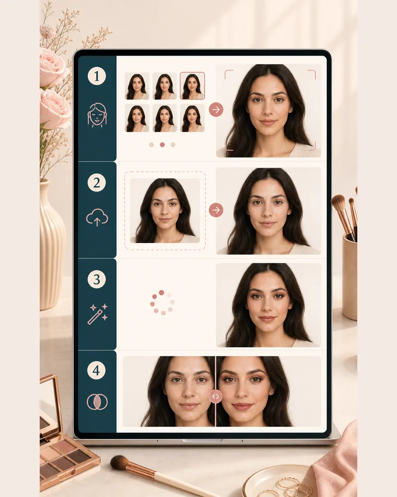 Four step virtual makeup try-on workflow from style choice to before and after review